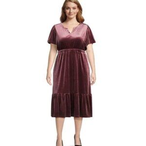 Terra and Sky Women's Plus Size Flutter Sleeve Y-Neck Velvet Dress with Elastic